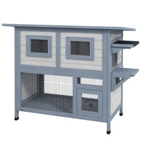 PawHut 2 Tier Wooden Cat House with Multiple Access Points and Weatherproof Shelter, Cat Shelter, Light Gray