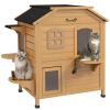 PawHut 2-Story Wooden Outdoor Cat House Feral Shelter with Escape Door Asphalt Roof 4 Platforms Natural