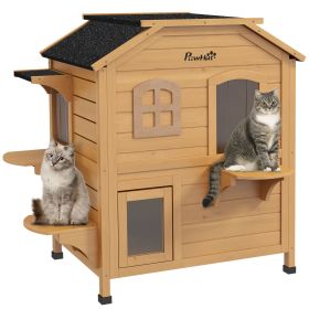 PawHut 2-Story Wooden Outdoor Cat House Feral Shelter with Escape Door Asphalt Roof 4 Platforms Natural