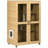 PawHut Cat House with Cat Tree, Kitty Cage with Scratching Posts Condo Cat Enclosure Lockable Wheels, Oak