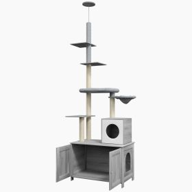 PawHut 2 in 1 Floor to Ceiling Cat Tree with Litter Box Enclosure, Condo, Bed, Hammock, Scratching Posts, and Platforms, Gray