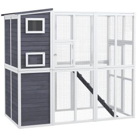 PawHut Wooden Outdoor Catio with Platforms, Asphalt Roof, Ramps, Light Gray