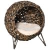 PawHut 20.5 Woven Wicker Cat Bed Elevated Hand-Woven Braided Banana Leaf Kitten House Condo with Cushion Brown