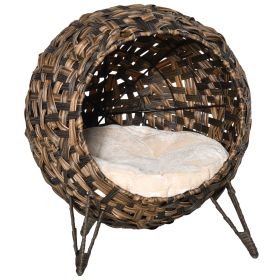 PawHut 20.5 Woven Wicker Cat Bed Elevated Hand-Woven Braided Banana Leaf Kitten House Condo with Cushion Brown