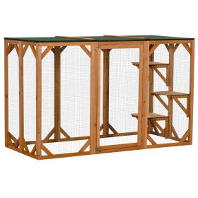 PawHut 71"L Wooden Outdoor Cat Enclosure Indoor Cat Cage with Asphalt Roof, Multi-Level Platforms and Large Enter Door , Orange