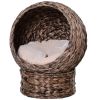PawHut Handmade Wicker Elevated Cat Bed with Cushion Dark Brown for Kittens