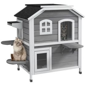 PawHut Wooden 2-Story Outdoor Cat House, Feral Cat Shelter Kitten Condo with Escape Door, Openable Asphalt Roof and 4 Platforms, Grey