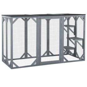 PawHut 71"x32" Wooden Outdoor Cat House, Grey, Large Catio with 3 Platforms, Asphalt Roof Indoor Pet Enclosures