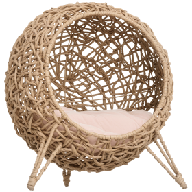PawHut 20.5 Weaved Cat Bed Hand-Woven Braided Banana Leaf Kitten House Condo with Cushion Natural