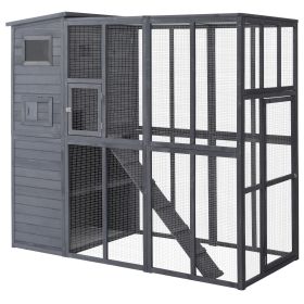 PawHut Outdoor Cat House Catio Enclosure with Platforms Run Lockable Doors Asphalt Roof 77 x 37 x 69 Grey