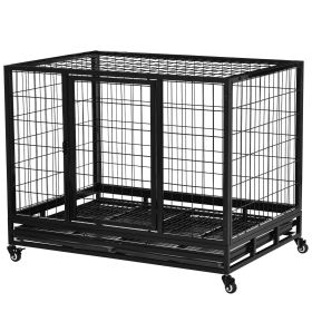 PawHut 43" Heavy Duty Dog Crate with Removable Tray, Lockable Wheels and Double Door, for Large and Extra Large Dogs, Black