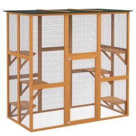 PawHut Large Outdoor Cat House, Wooden Feral Cat Shelter Enclosure, 71" L, with Interior Ledges & Asphalt Roof, Orange