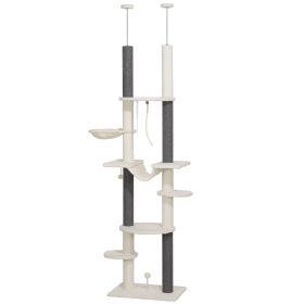 PawHut 89"-100" Adjustable Floor to Ceiling Cat Tree with Scratching Posts, Hammock, Perches, Toy Balls, White