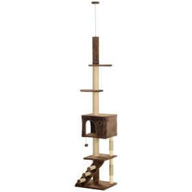PawHut 89"-104" Floor to Ceiling Cat Tree, Cat Condo Tower with 3 Steps, Scratching Posts & Hanging Toys Ball, Brown