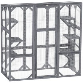 PawHut Large Wooden Catio Outdoor with 6 Jumping Platforms, Sunshine Panel Roof, for 1-3 Cats, 59" x 28" x 60", Gray