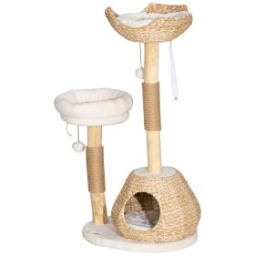 PawHut 41" Modern Cat Condo, Indoor Cat Tree with Scratching Posts, Soft Removable Cushions & Toy Balls, Cream White