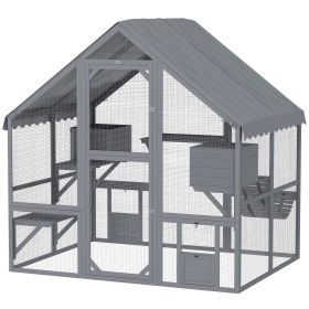 PawHut Wooden Catio Outdoor Cat Enclosure with Waterproof Cover, 2 Condos, 4 Platforms, Bridge, Doors, for Multiple Cats, Gray