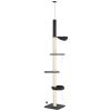 PawHut Cat Climbing Tower Floor to Ceiling 5-Tier Adjustable 95''-106'' with Hammock Scratching Post Toy Ball Black Cream