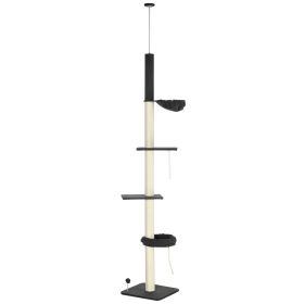 PawHut Cat Climbing Tower Floor to Ceiling 5-Tier Adjustable 95''-106'' with Hammock Scratching Post Toy Ball Black Cream