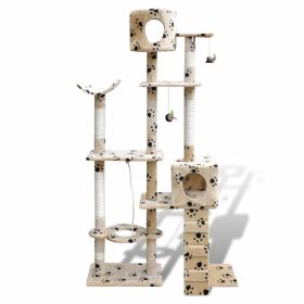 Cat Tree Scratching Post 69" 2 Condos Beige with Paw Prints