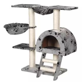 Cat Tree 41" Gray with Paw Prints Plush