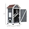 PawHut Wooden Cat House 43H Outdoor Shelter 3-Floor Kitten Condo with Asphalt Roof Escape Doors Stairs Grey White