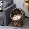 PawHut Handmade Wicker Elevated Cat Bed with Cushion Dark Brown for Kittens