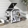 PawHut Wooden 2-Story Outdoor Cat House, Feral Cat Shelter Kitten Condo with Escape Door, Openable Asphalt Roof and 4 Platforms, Grey