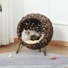 PawHut 20.5 Woven Wicker Cat Bed Elevated Hand-Woven Braided Banana Leaf Kitten House Condo with Cushion Brown