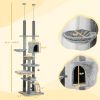 PawHut 89"-100" Floor to Ceiling Cat Tree, Morden Cat Tower with Hammock, Scratching Post & Toy Balls, Indoor Cat Activity Center, Gray