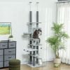 PawHut 89"-100" Floor to Ceiling Cat Tree, Morden Cat Tower with Hammock, Scratching Post & Toy Balls, Indoor Cat Activity Center, Gray