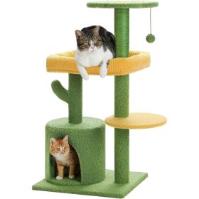 36.5 Inch Indoor Multi-layer Cactus Shape Cat Private Apartment Cat Tower With Cat Scratching Post And Plush Cat Bed (Option: Green yellow)