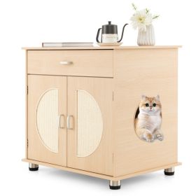 Cat Litter Box Enclosure with Sisal Scratching Doors and Storage (Color: Natural)