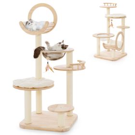 4-in-1 Large Wooden Cat Tower with Space Capsule Nest for Indoor Cats (Color: Beige)